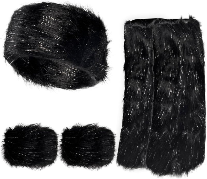 QZUnique Fuzzy Fur Leg Warmers Set - 3 Pcs Women Winter Furry Boot Cuffs Faux Fur Headband Wrist Bands Cover Long Leg Warmers - Image 1